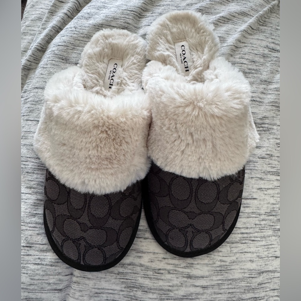 Coach Black and Cream Fur Slippers